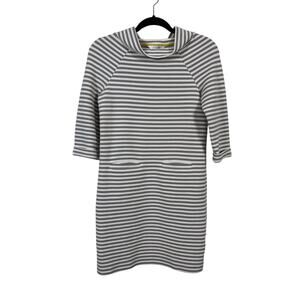 Boden Kiera Ottoman Dress Womens 2R Gray White Funnel Neck Shift Striped Ribbed